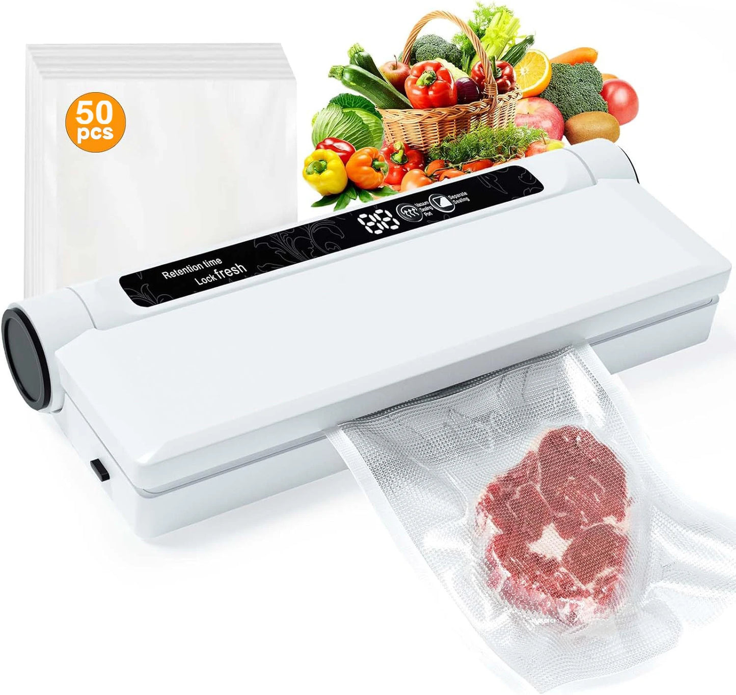 Vacuum Sealer with Bags, Fully Automatic Dry & Wet Food Sealer, One-Click Operation, Strong Suction, Digital Display