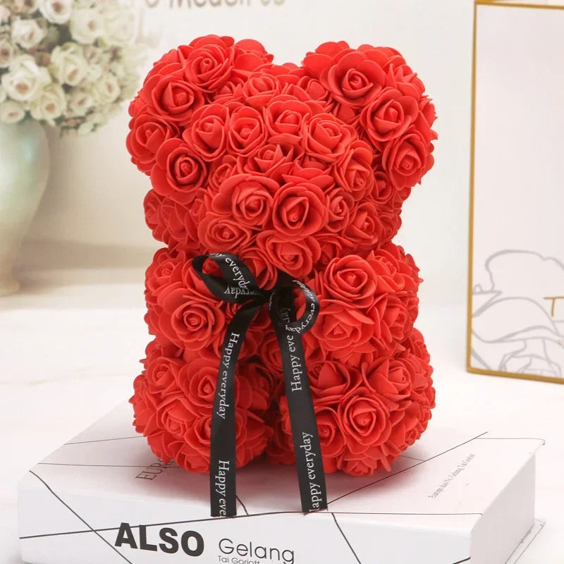 25cm Rose Bear Valentines Day Gift Red Teddy Bear Rose Flower Artificial Decoration Dried Gifts Women Valentines Gift Wedding