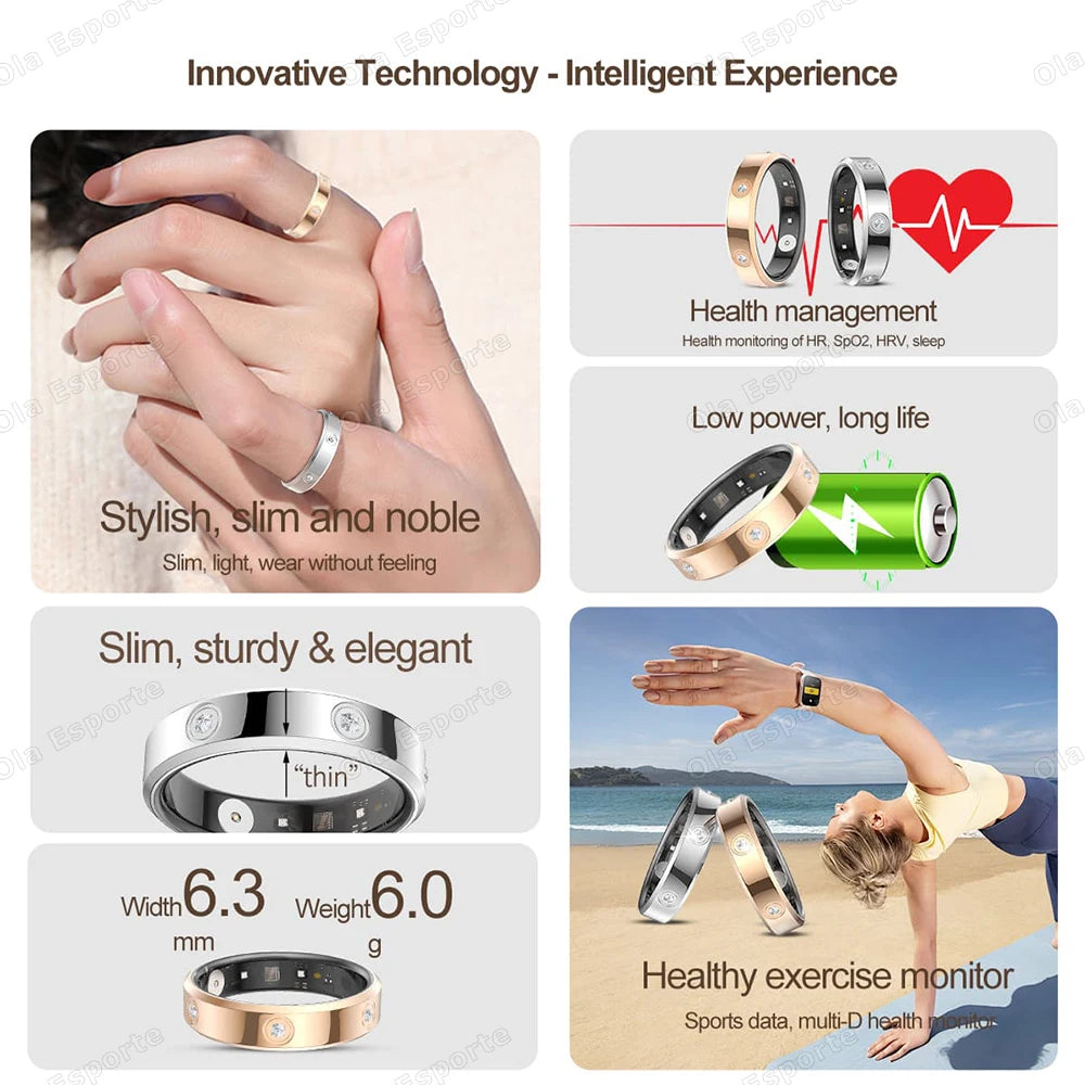 2025 Smart Ring Women Men Super narrow 6.3mm Heart Rate Health Stress measurement Monitor IP68 Waterproof Fashion Sports Rings
