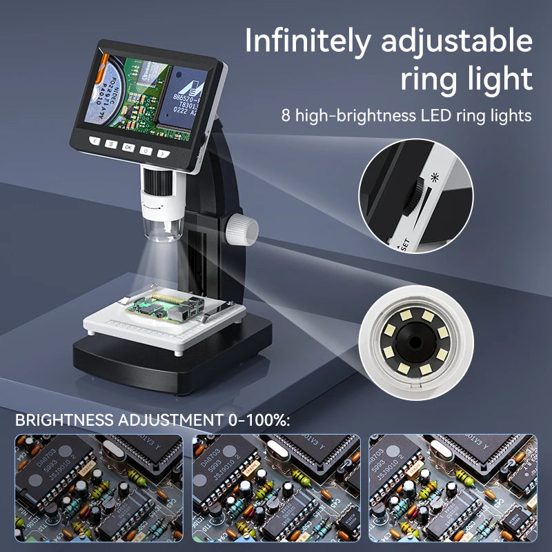 1080P 4.3"LCD Electronic Digital Microscope 1000X Magnification Coin Microscopio Adjustable Carrier Table for PCB Welding repair