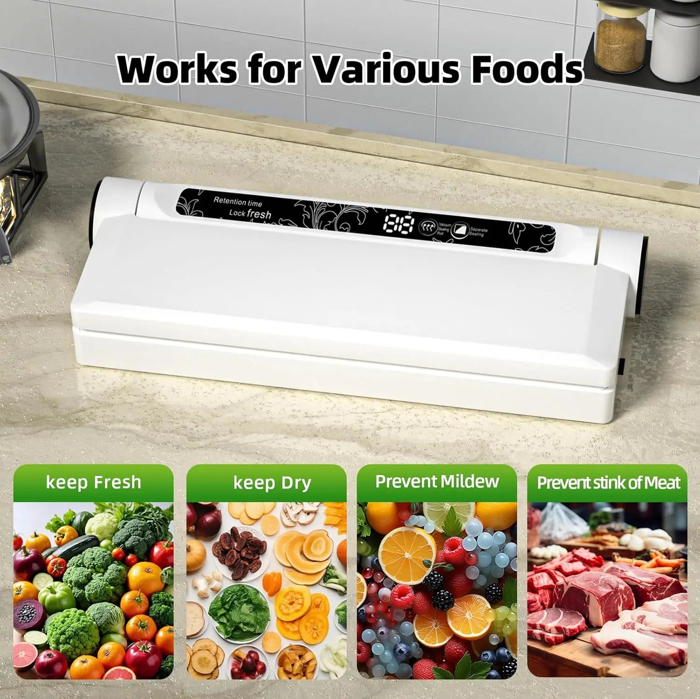 Vacuum Sealer with Bags, Fully Automatic Dry & Wet Food Sealer, One-Click Operation, Strong Suction, Digital Display