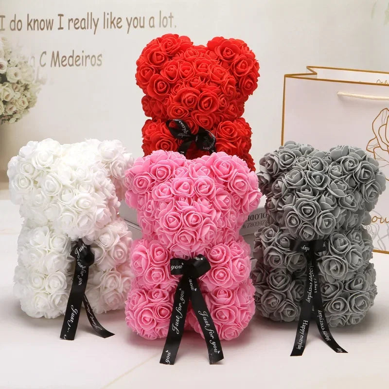 25cm Rose Bear Valentines Day Gift Red Teddy Bear Rose Flower Artificial Decoration Dried Gifts Women Valentines Gift Wedding